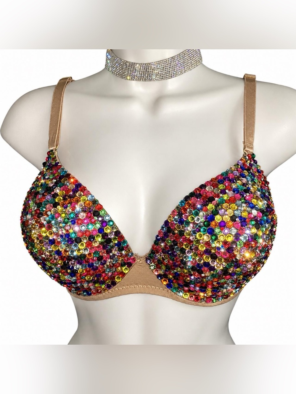 32D MultiColour Design Rhinestone Glam Bling Bra Top - Picture 3 of 9